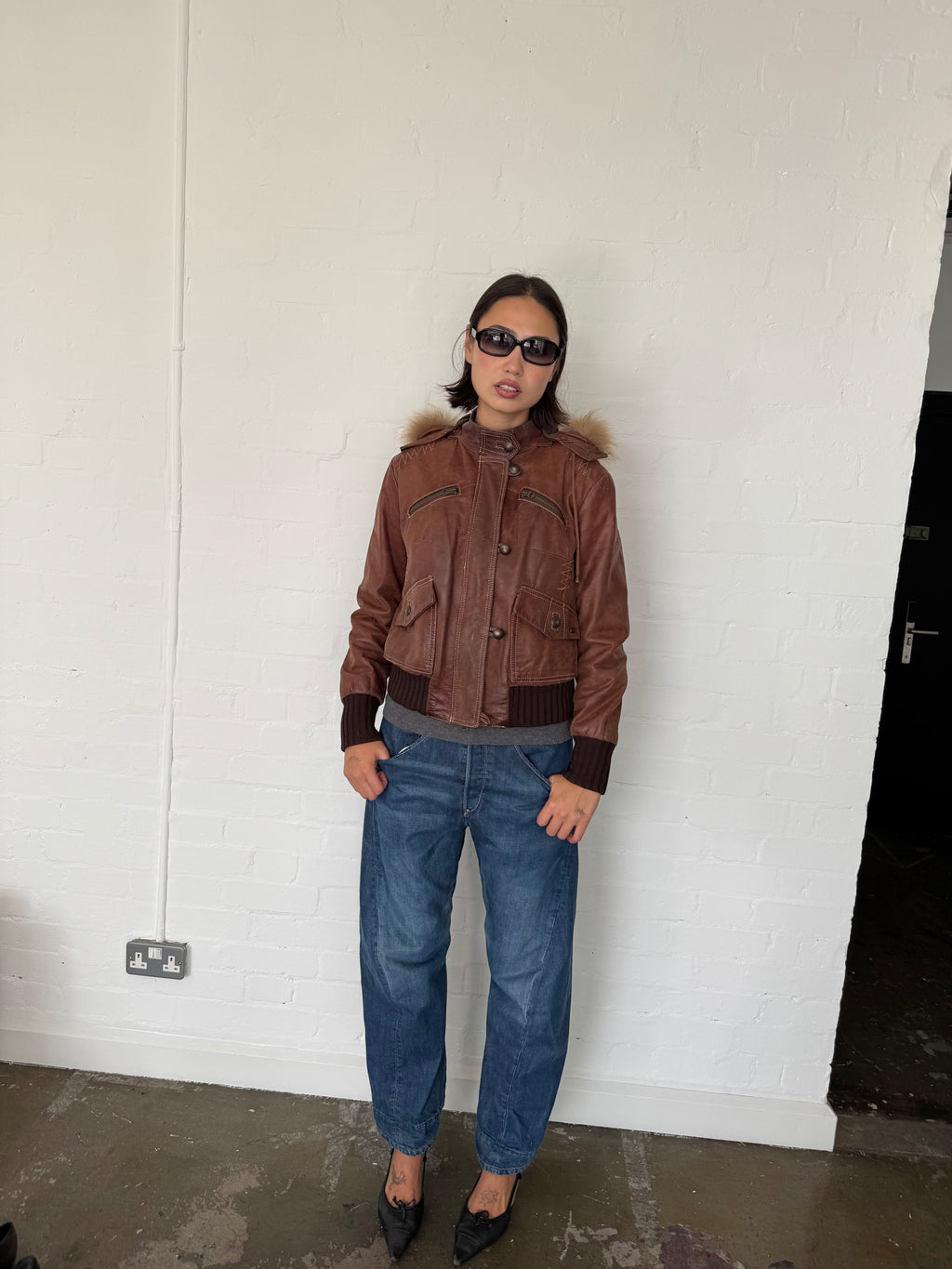vintage brown leather fur jacket