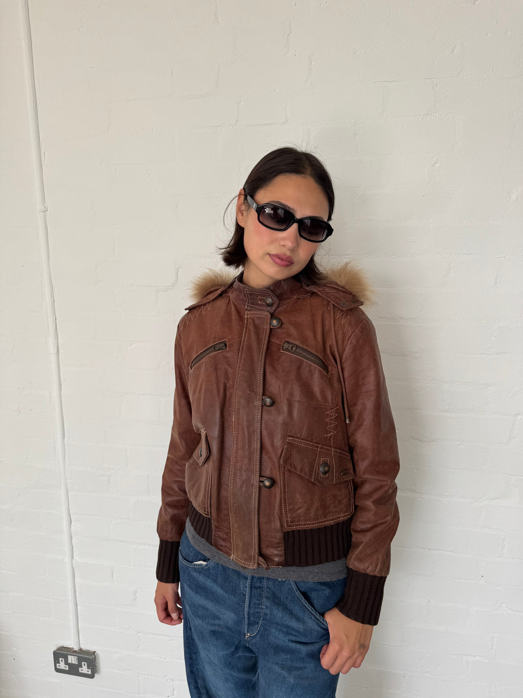 vintage brown leather fur jacket