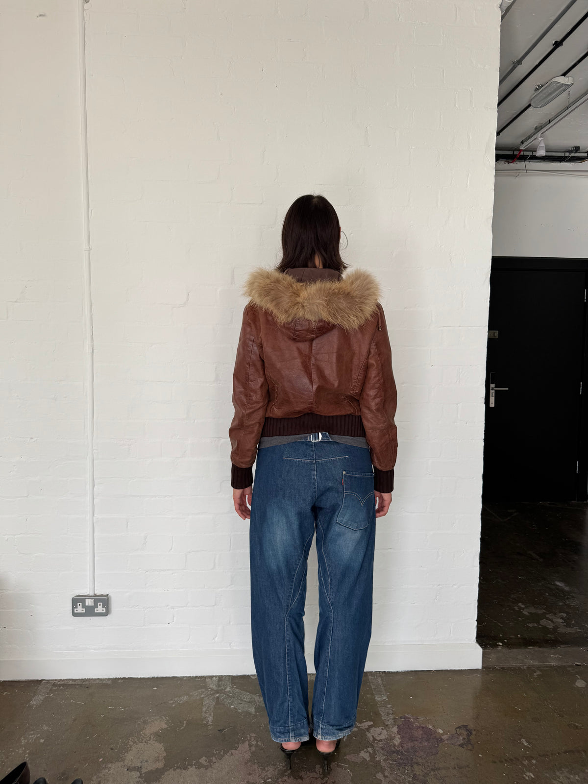 vintage brown leather fur jacket