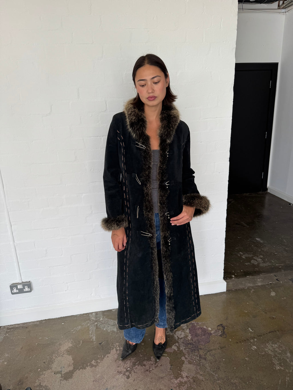 vintage suede fur trim afghan coat