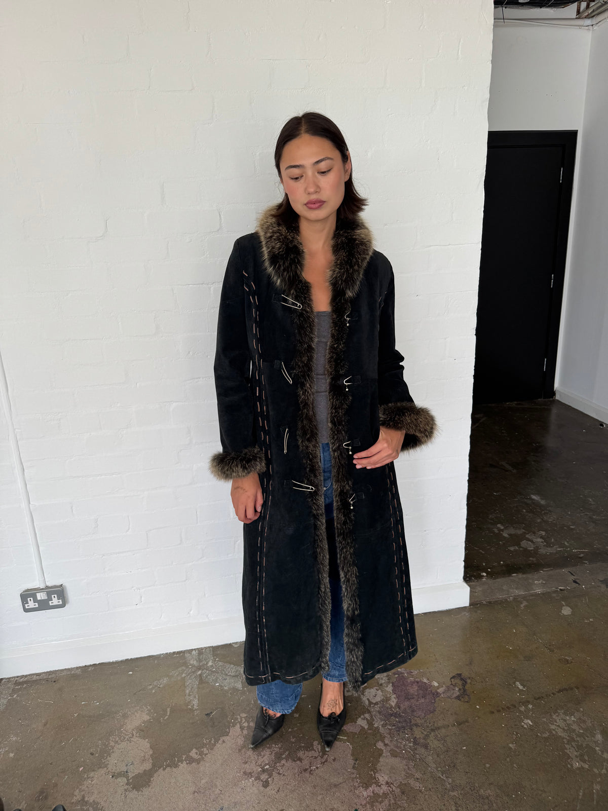 vintage suede fur trim afghan coat
