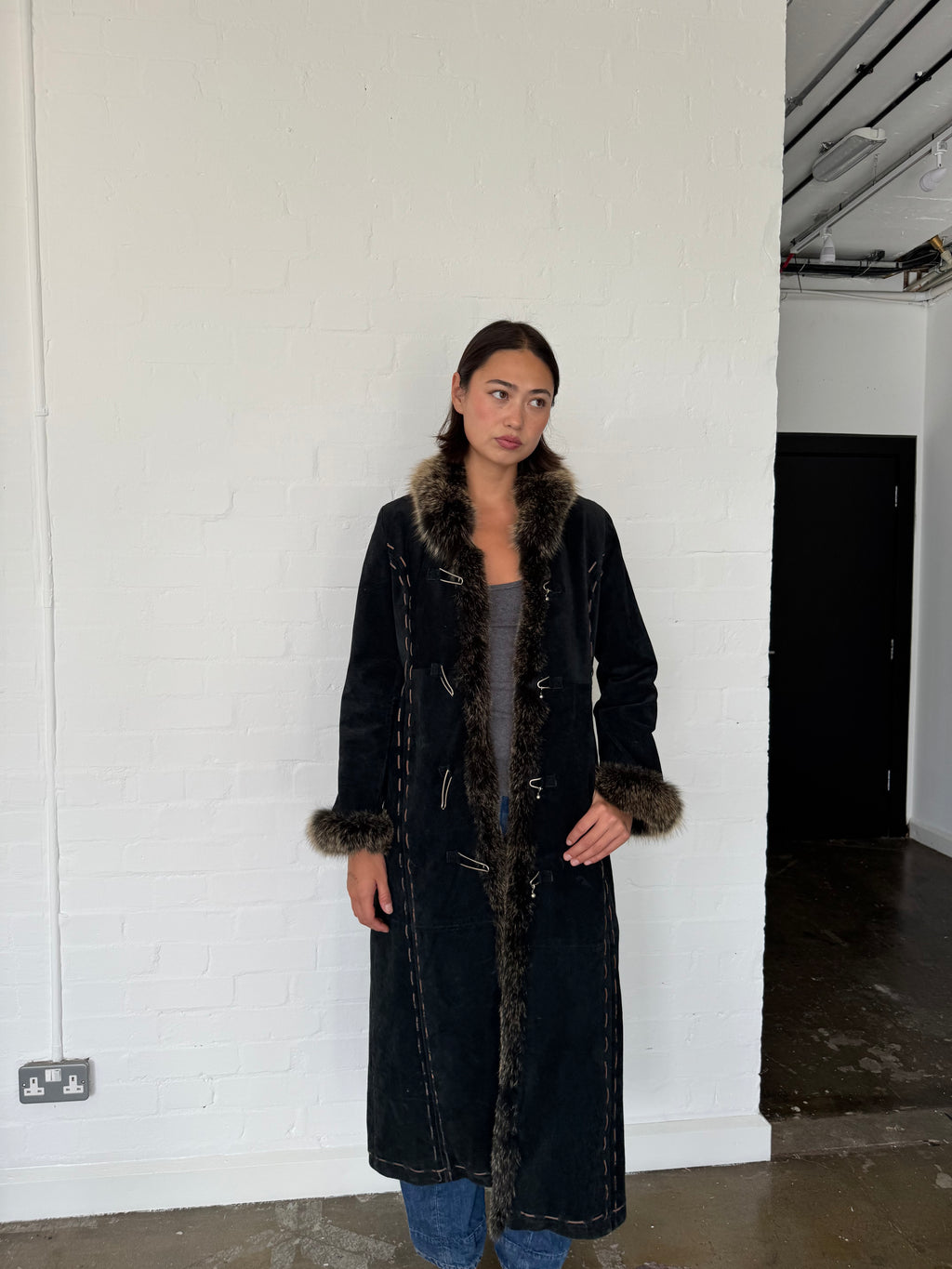 vintage suede fur trim afghan coat