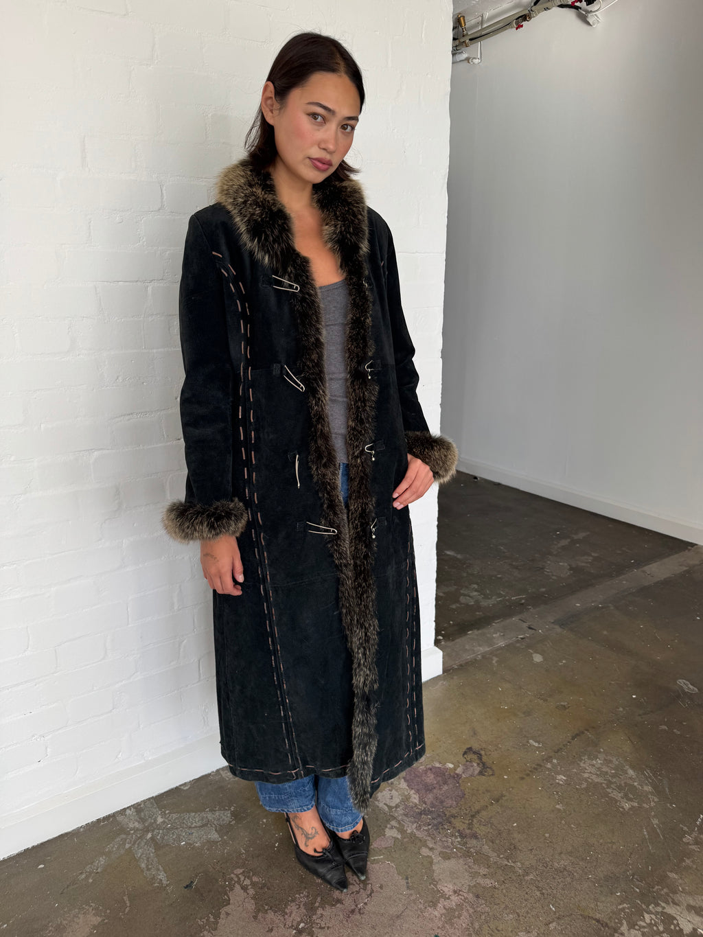 vintage suede fur trim afghan coat
