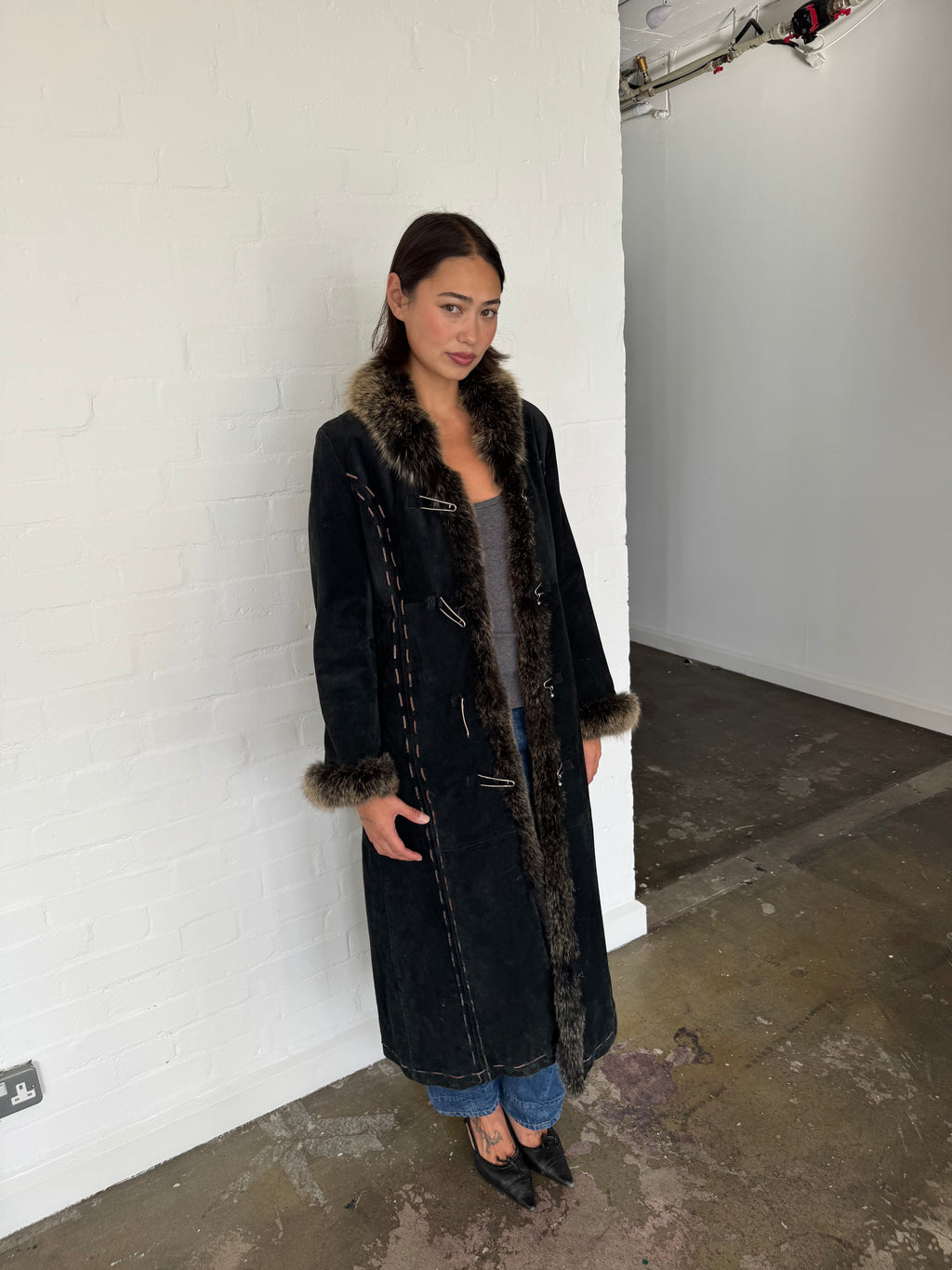 vintage suede fur trim afghan coat