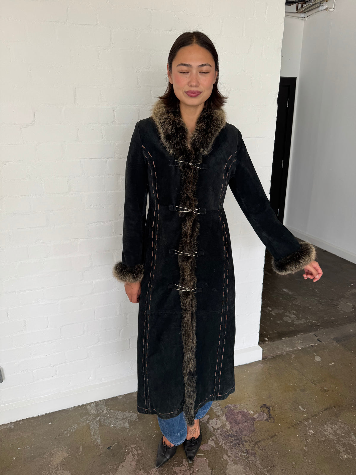 vintage suede fur trim afghan coat