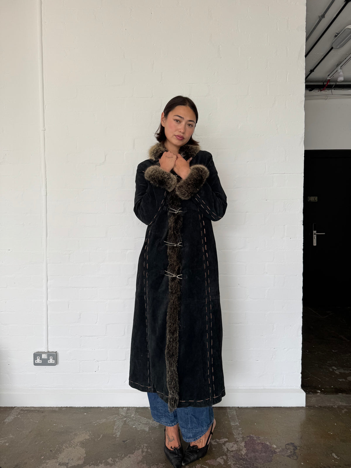 vintage suede fur trim afghan coat