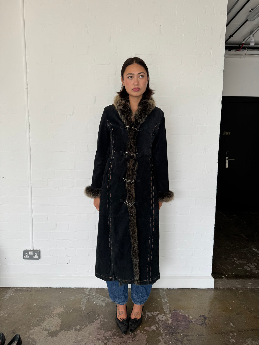 vintage suede fur trim afghan coat