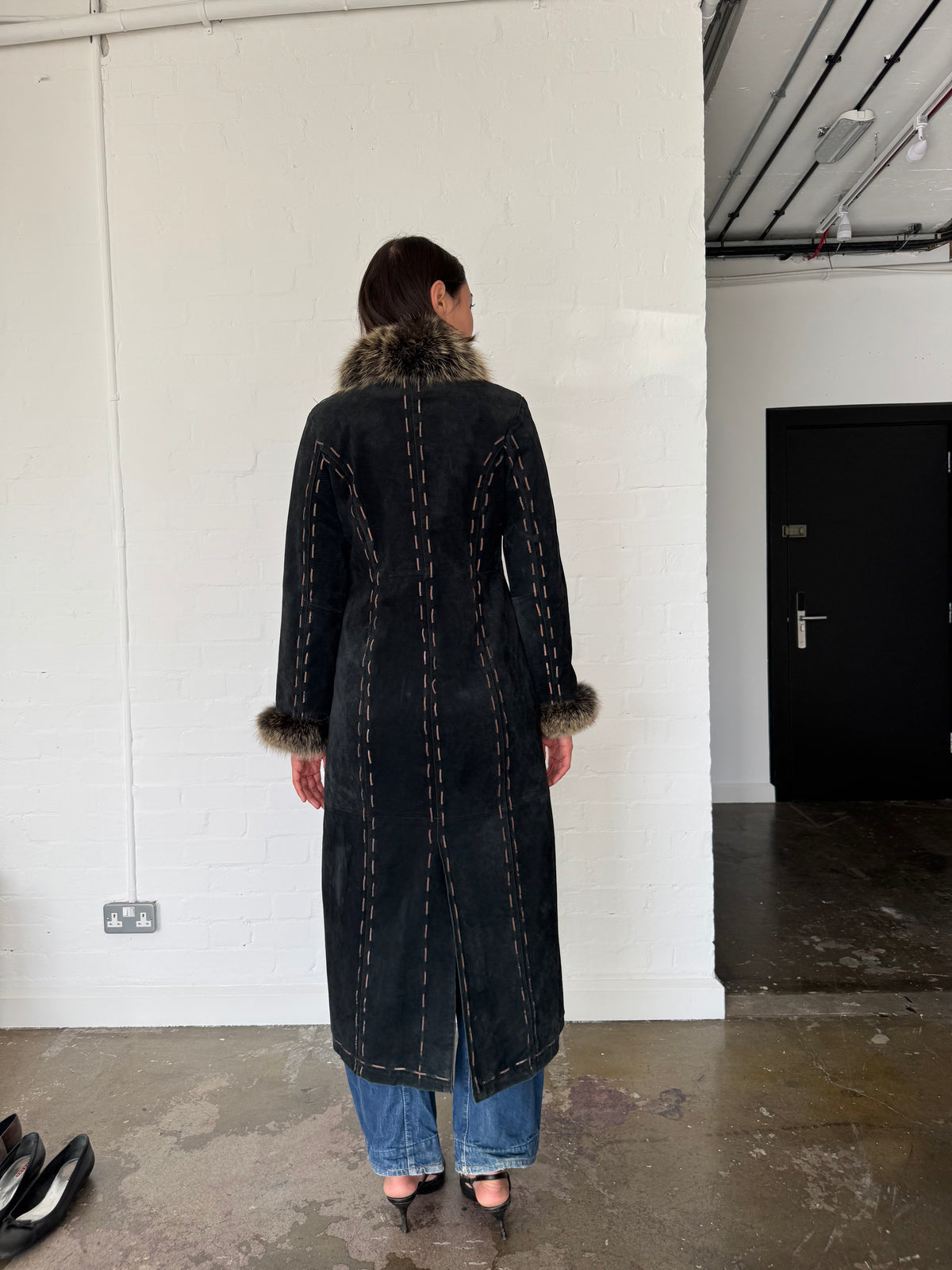 vintage suede fur trim afghan coat