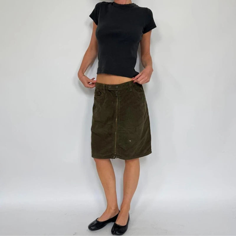 dolce & gabbana Y2K olive green corduroy midi skirt with zipper