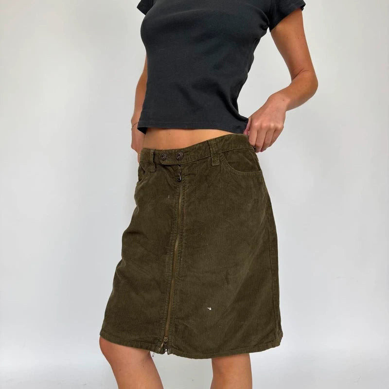 dolce & gabbana Y2K olive green corduroy midi skirt with zipper
