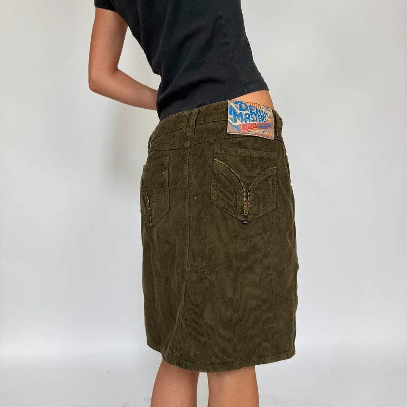 dolce & gabbana Y2K olive green corduroy midi skirt with zipper